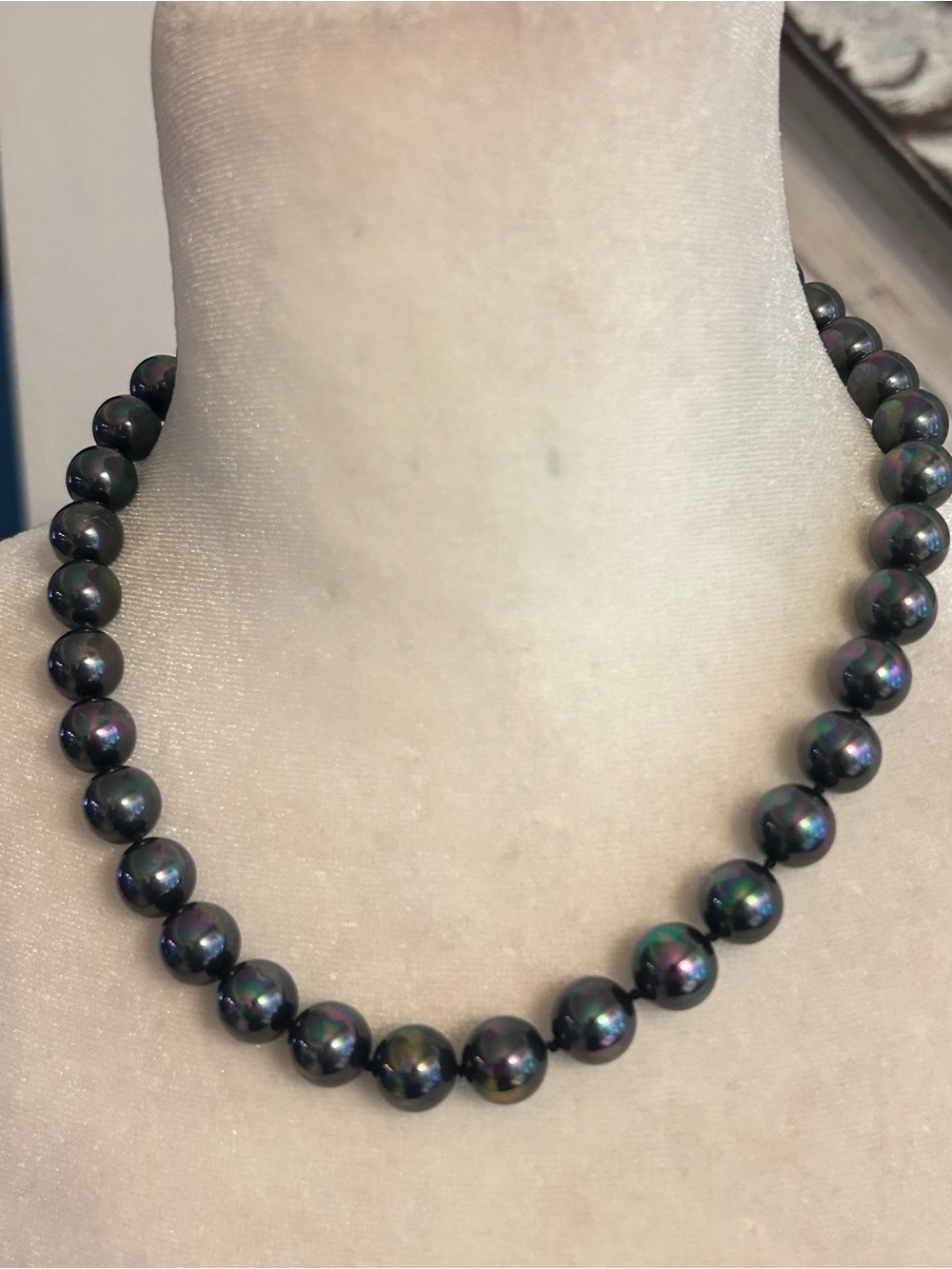 Faux black pearl necklace with 14k clasp